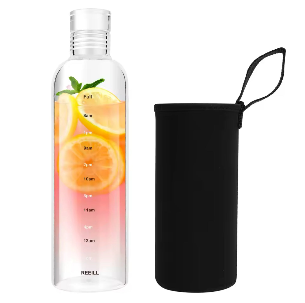 Glass Water Bottle W/Time Marker