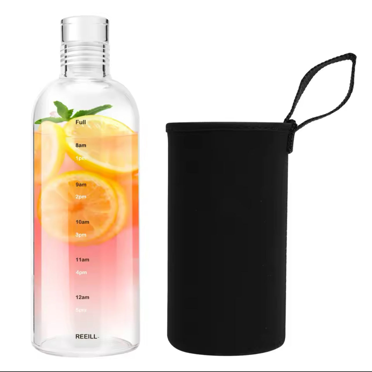 Glass Water Bottle W/Time Marker