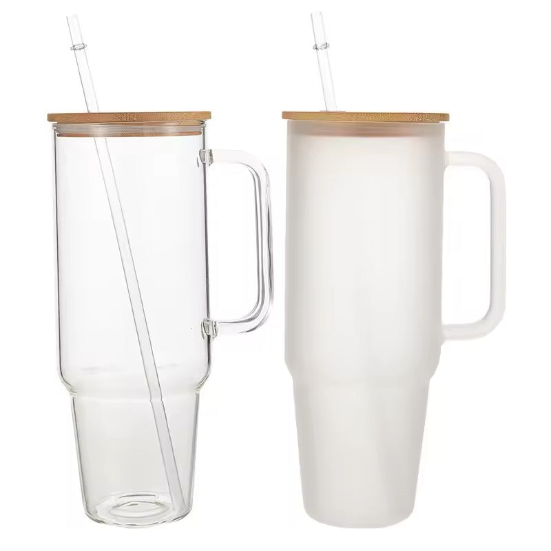 40OZ Glass Cup W/Handle Lid & Straw