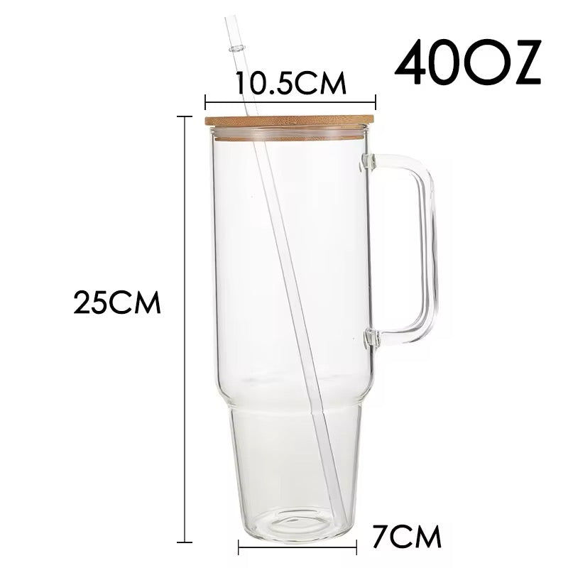 40OZ Glass Cup W/Handle Lid & Straw